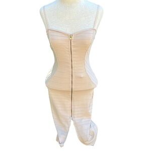 Lac Bleu Full Front Zip Dress Mid length Spaghetti Straps Tan Small
